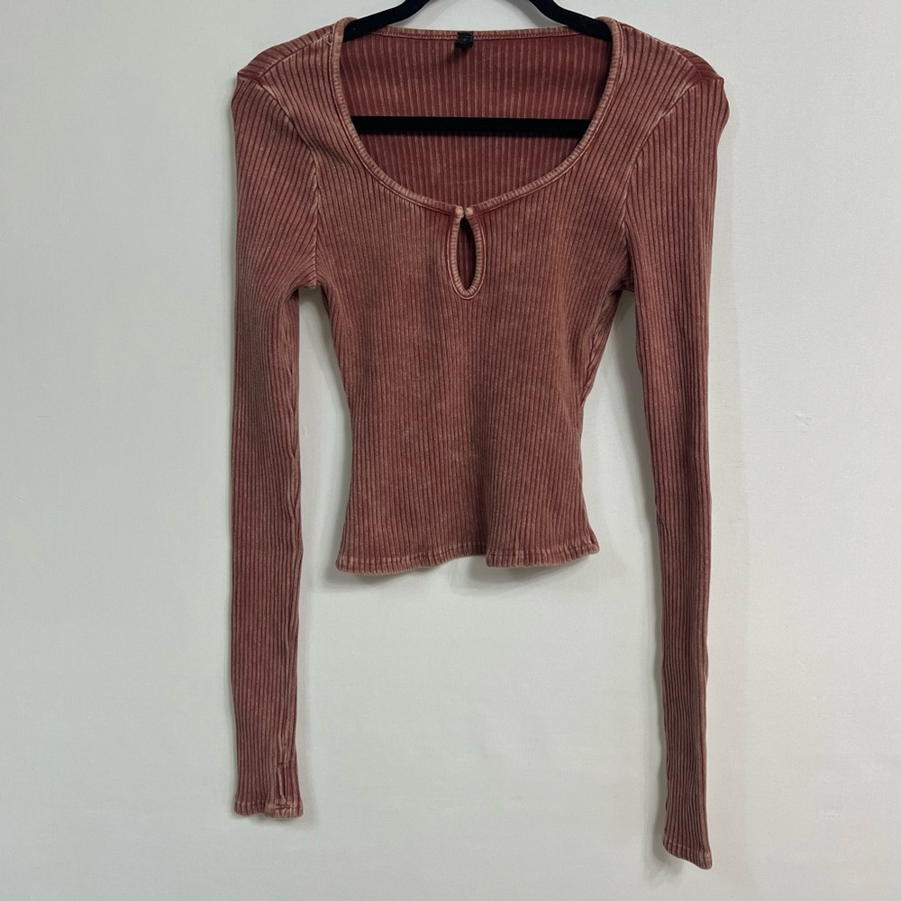 Elegant Ribbed Long Sleeve Top - Mauve
